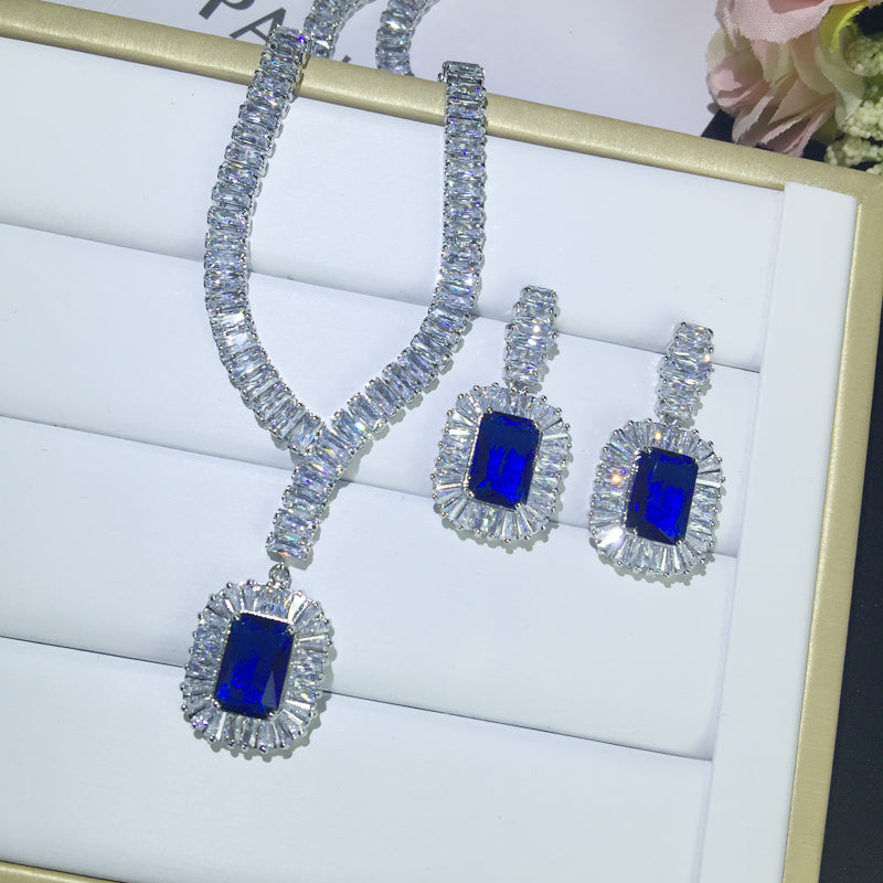 European and American Long Square Sapphire Blue Gemstone Pendant.