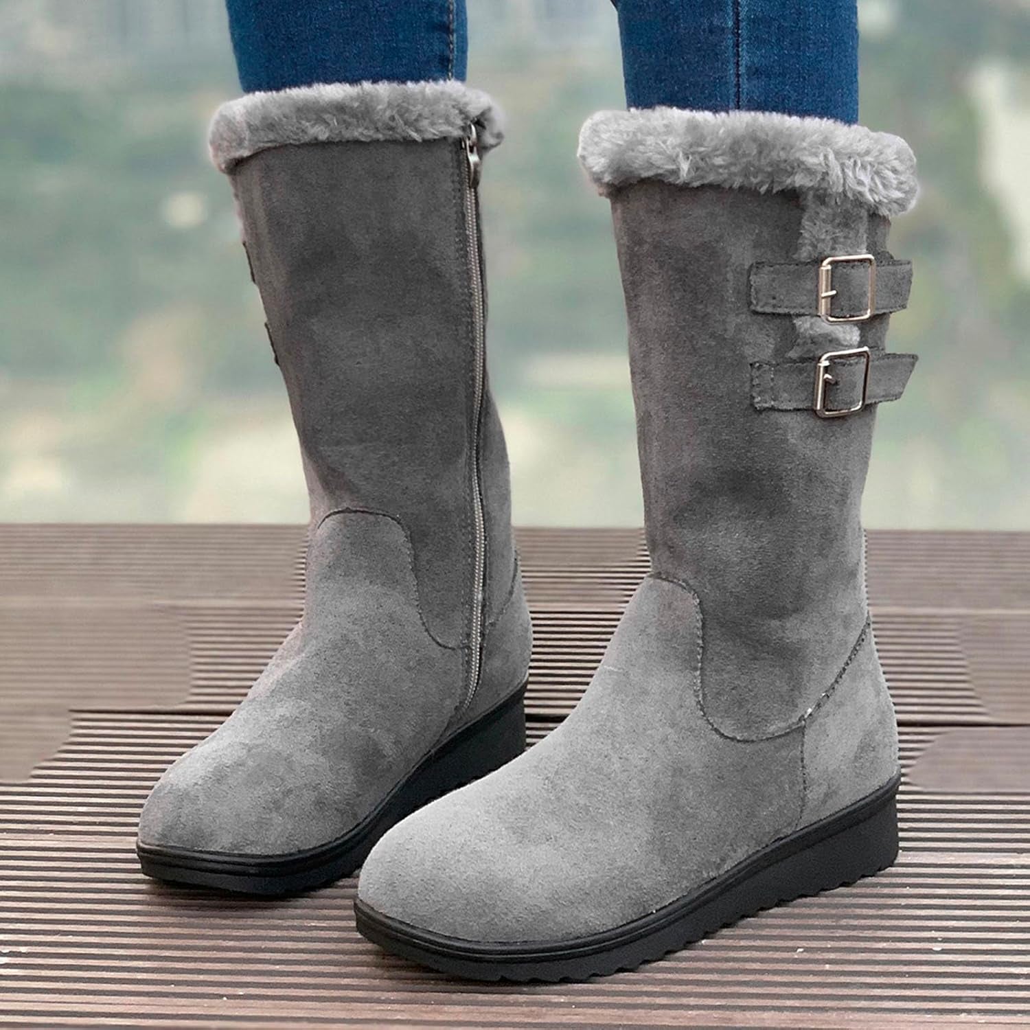 Women Suede Mid Calf Boots Wedge Platform 