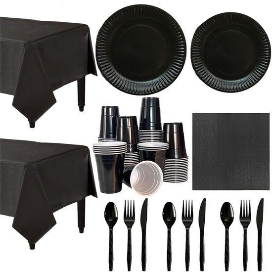 155 Pcs Black Paper Dinnerware Set Birthday Party Supplies Decorations Set Serves 20 Guests Including Plates Napkins Cups Forks Spoons Knives,Tablecloth,Tableware Set for Party Decorations