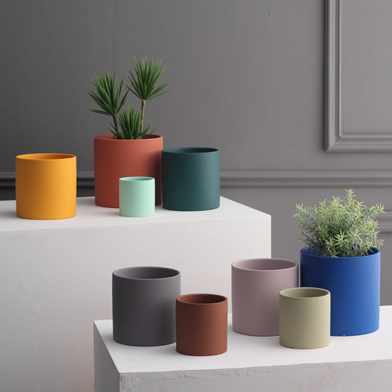 Nordic Industrial Style Colorful Ceramic Flowerpot Succulent Planter Green Plants Cylindrical Shape Flower Pot With Hole Tray-0-Rambla Store