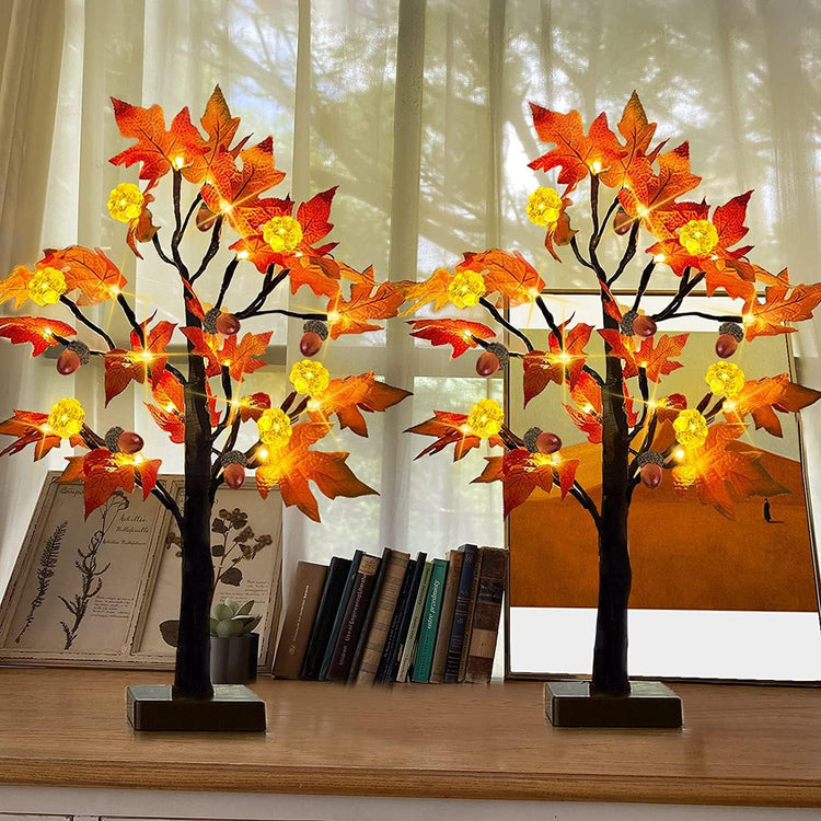 2 Pack 24 Inch Prelit Fall Lighted Maple Tree Thanksgiving Halloween Decorations with 48 Leds Timer 3D Pumpkin Lights 12 Acorns Battery Operated Tabletop Fall Tree Thanksgiving Decor