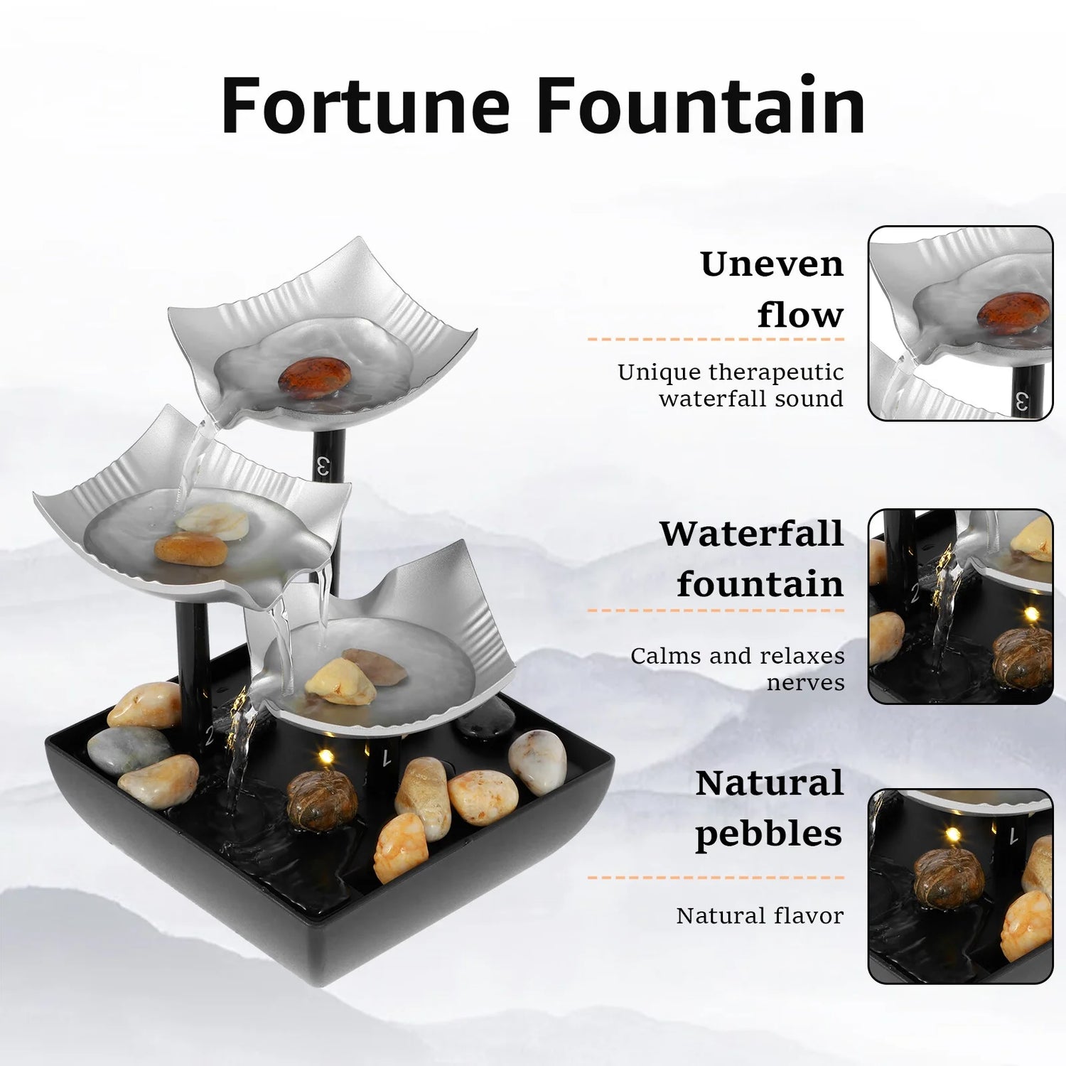 Water Fountain,Tabletop Fountain with Light and Pebble Meditation,Small Waterfall Fountain USB Powered Sound Relaxation Fountain Ornament for Table Office Home