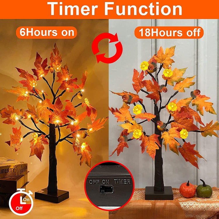 2 Pack 24 Inch Prelit Fall Lighted Maple Tree Thanksgiving Halloween Decorations with 48 Leds Timer 3D Pumpkin Lights 12 Acorns Battery Operated Tabletop Fall Tree Thanksgiving Decor