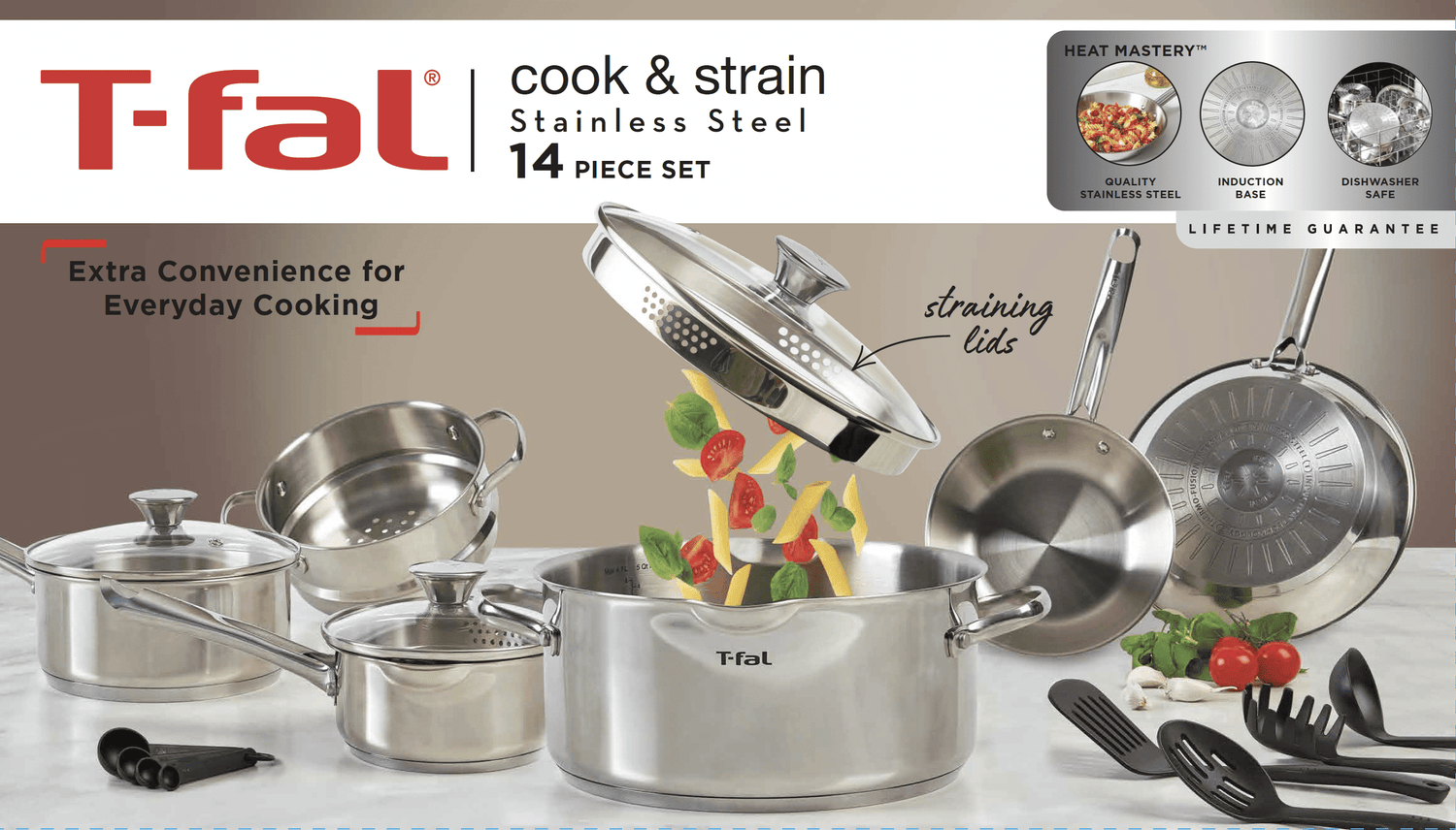 Stainless Steel Cook & Strain Cookware Set, 14 Pieces, Dishwasher Safe