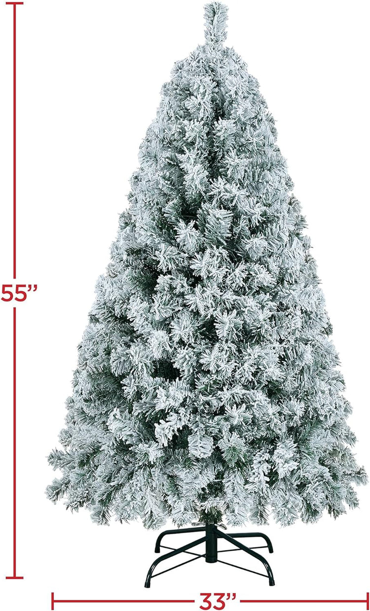 4.5Ft Pre-Lit Artificial Christmas Tree with Incandescent Warm White Lights, Snow Flocked Full Prelighted Xmas Tree W/340 Branch Tips, 150 Incandescent Lights & Foldable Stand, Green & White