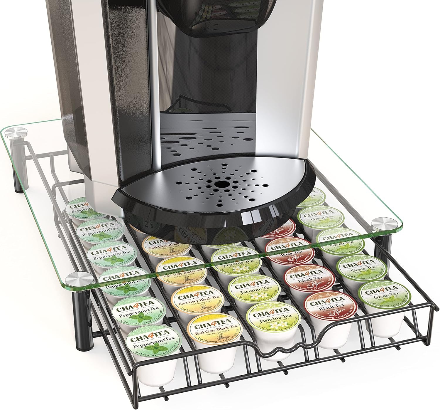Crystal Tempered Glass K-Cup Holder Drawer for 30 Coffee Pods Storage, Black.