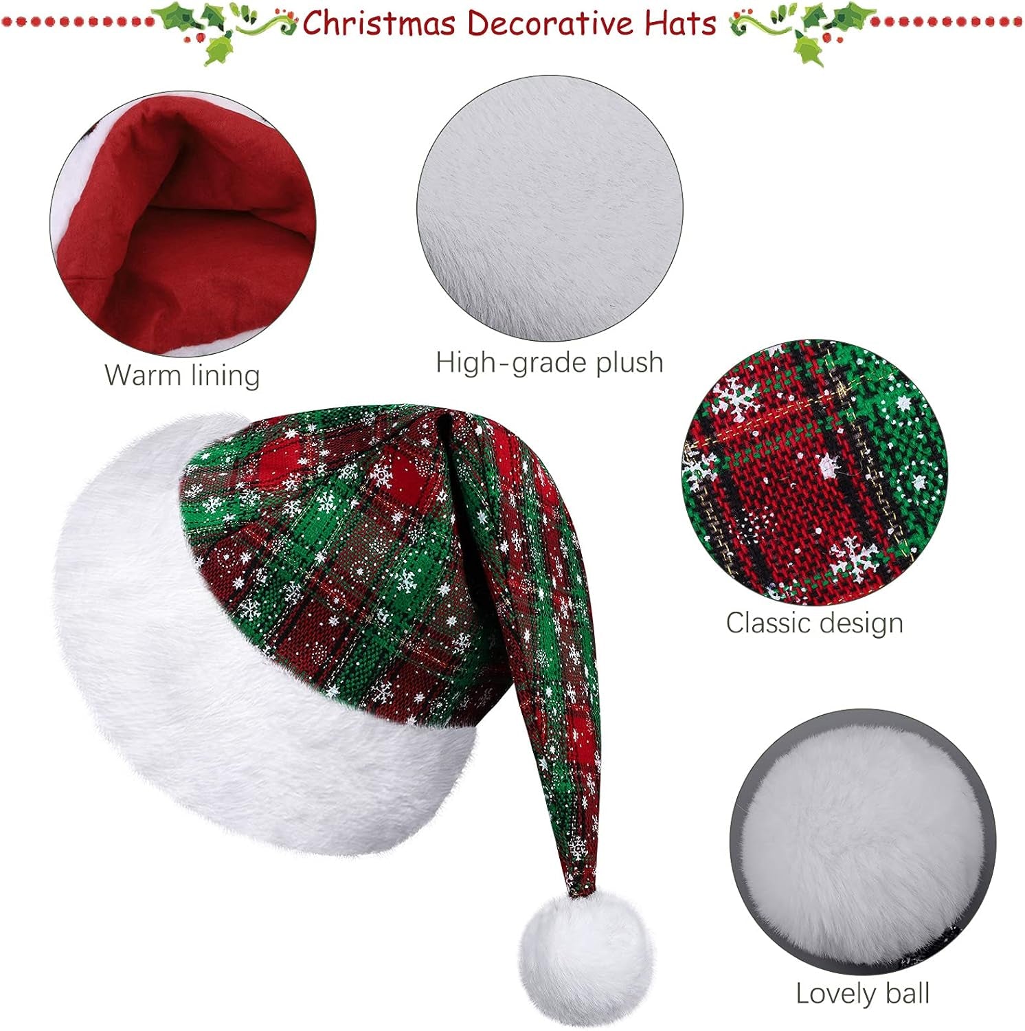 4 Pack Christmas Plaid Hats Snowflake Santa Hat Bulk Funny Christmas Hats for Adults Christmas Party Favors Hats