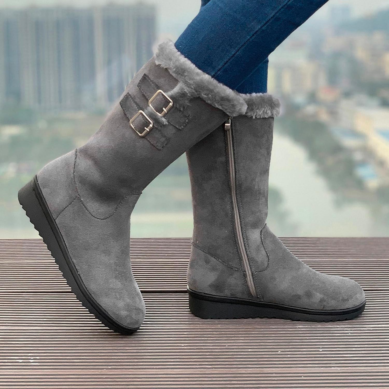 Women Suede Mid Calf Boots Wedge Platform 