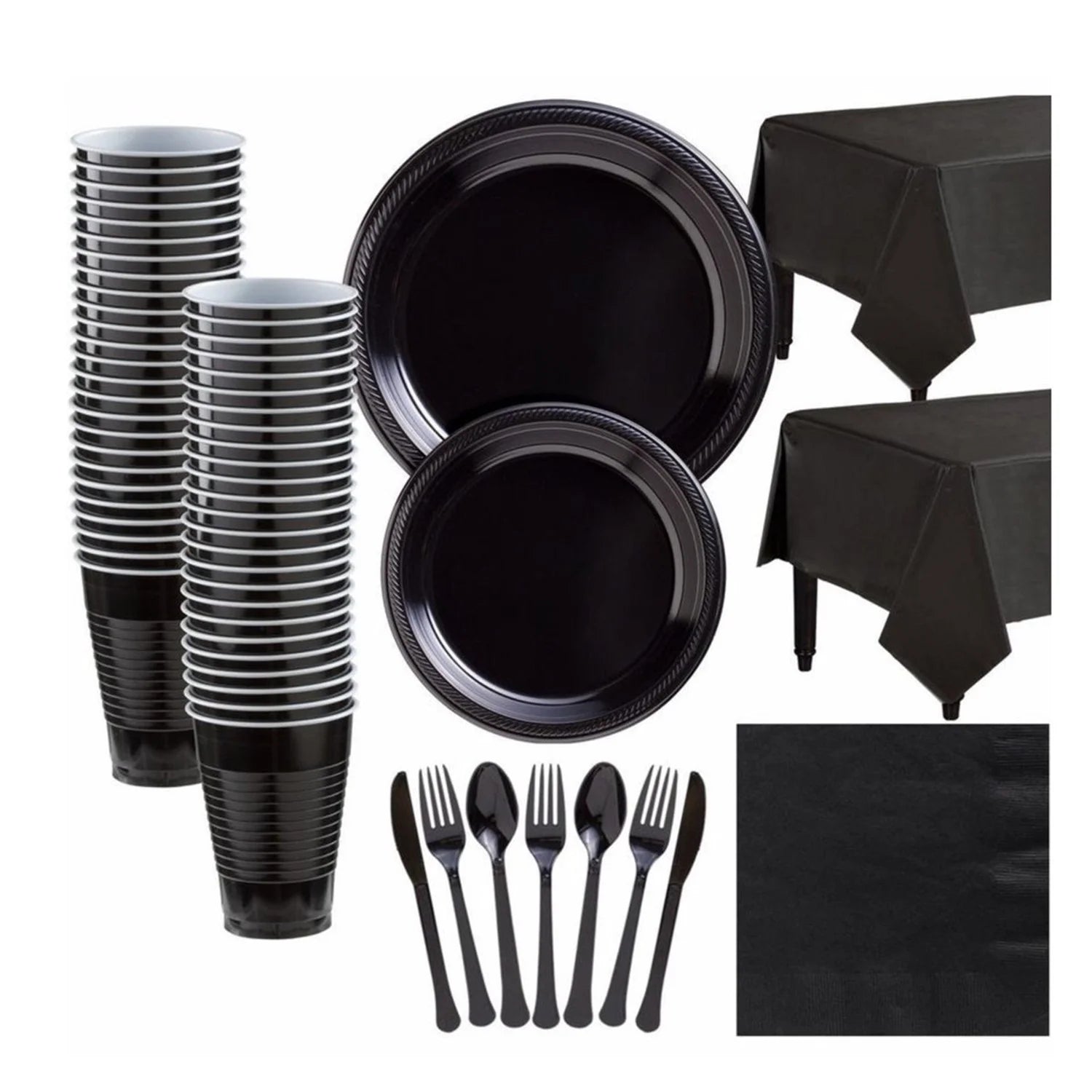 155 Pcs Black Paper Dinnerware Set Birthday Party Supplies Decorations Set Serves 20 Guests Including Plates Napkins Cups Forks Spoons Knives,Tablecloth,Tableware Set for Party Decorations