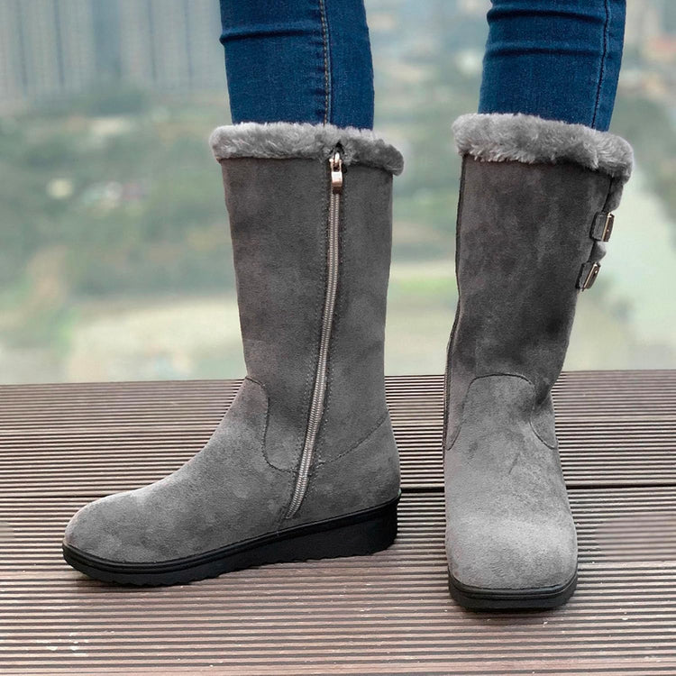 Boots for Women Suede Keep Warm Mid Calf Boots Wedge Platform Snow Booties Winter Pull on Buckle Bootie