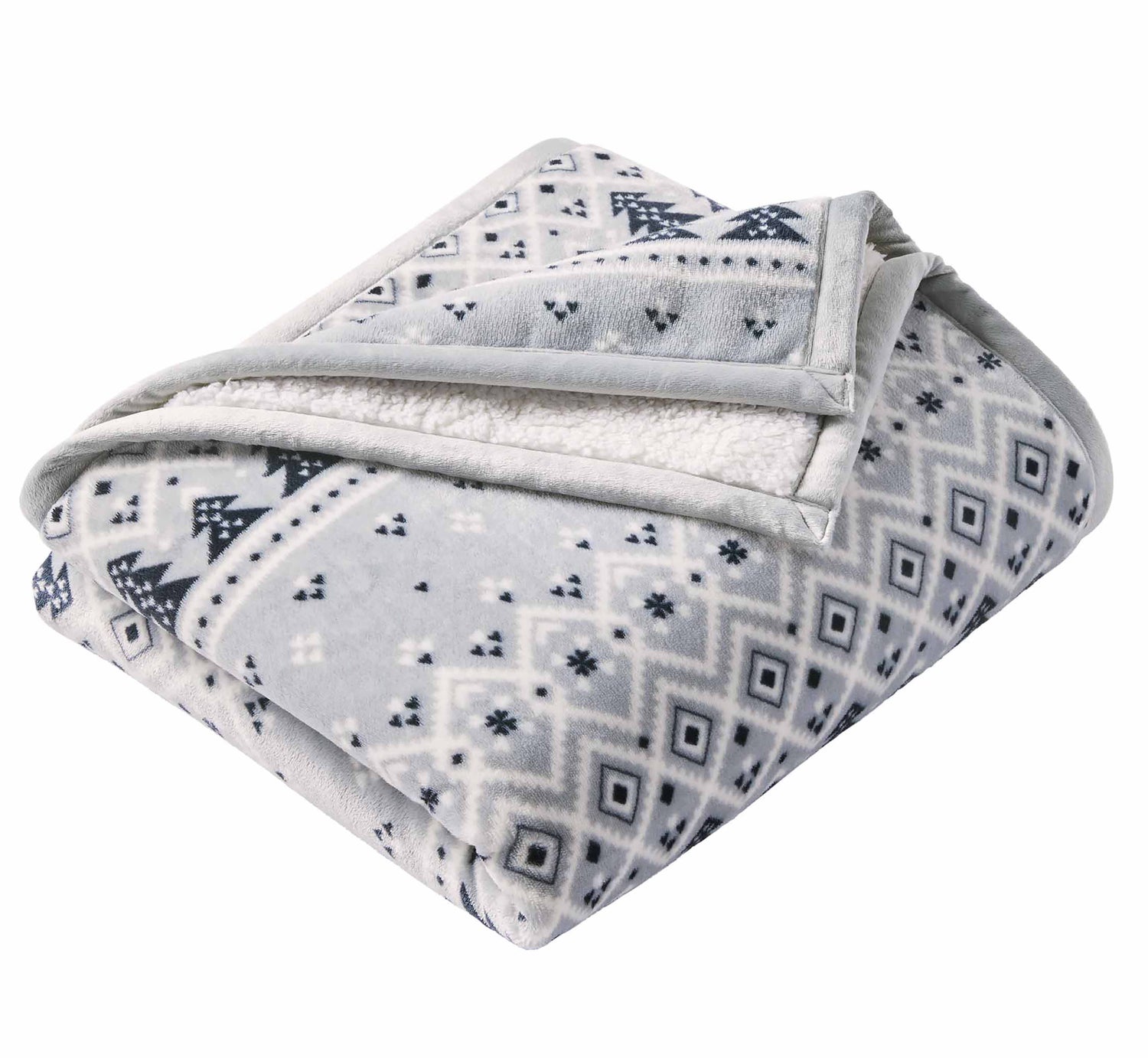 Printed Velvetloft Reversible Faux Shearling Throw Blanket for Adults, 50” x 60”, Fair Isle Grey