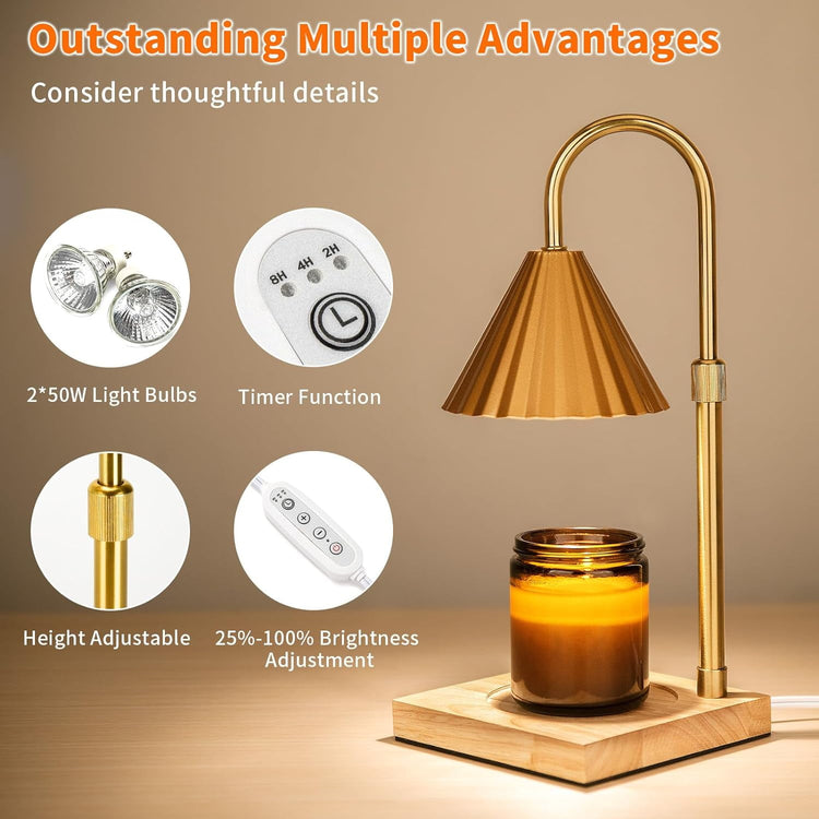 Candle Warmer Lamp, Dimmable Candle Warmer with Timer for Jar Candles, Wax Melt Warmer with Height-Adjustable Metal Lampshade for Home Decor Holiday Gift, 2 Bulbs Included