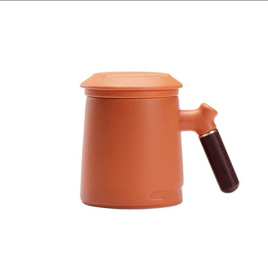 Three-piece Ceramic Office Mug With Wooden Handle And Lid