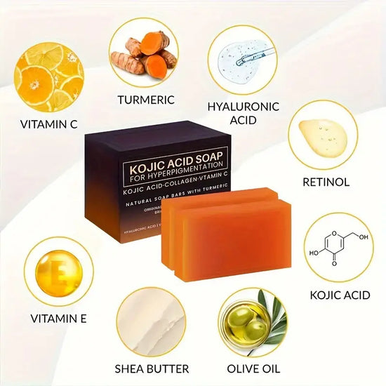 2 pcs Kojic Acid Soap With Vitamin C, Retinol, Collagen, Turmeric, Hyaluronic Acid, Vitamin E, Shea Butter And Olive Oil, Deep Cleansing Moisturizing And Rejuvenating Skin