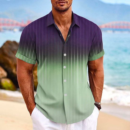 Gradient Striped Print Lapel Button Short-sleeved Shirt