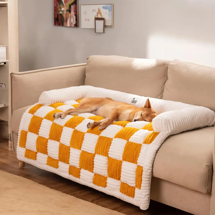 Large Dog Couch Cover Bed Cream Square Plaid Washable Pet Mat for Furniture Protector Sofa Cover for Dogs.