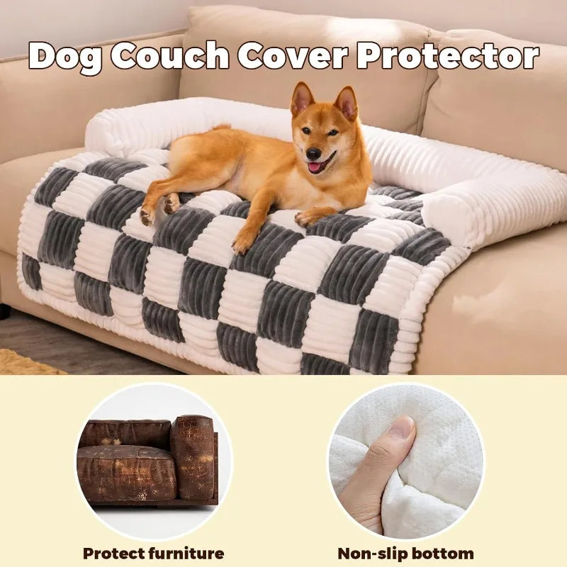 Large Dog Couch Cover Bed Cream Square Plaid Washable Pet Mat for Furniture Protector Sofa Cover for Dogs.
