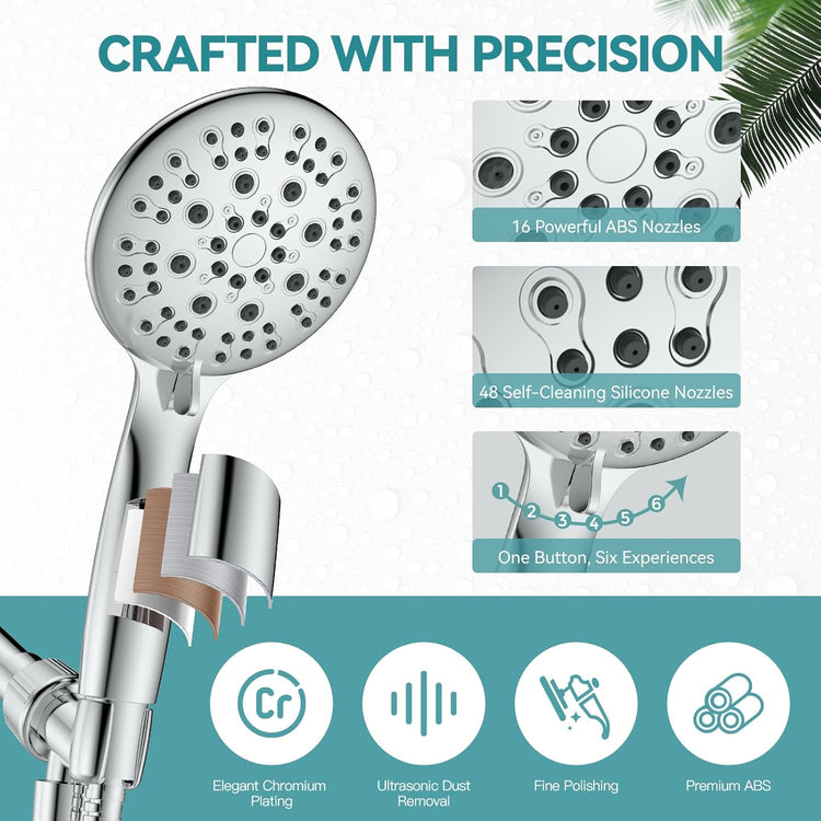 High Pressure Shower Head with Handheld,  6 Spray Settings Handheld Showerhead, 4.3" High Flow Rain Showerhead Set with 59" Stainless Steel Hose and Adjustable Bracket for Bathroom, Gym, Hotel