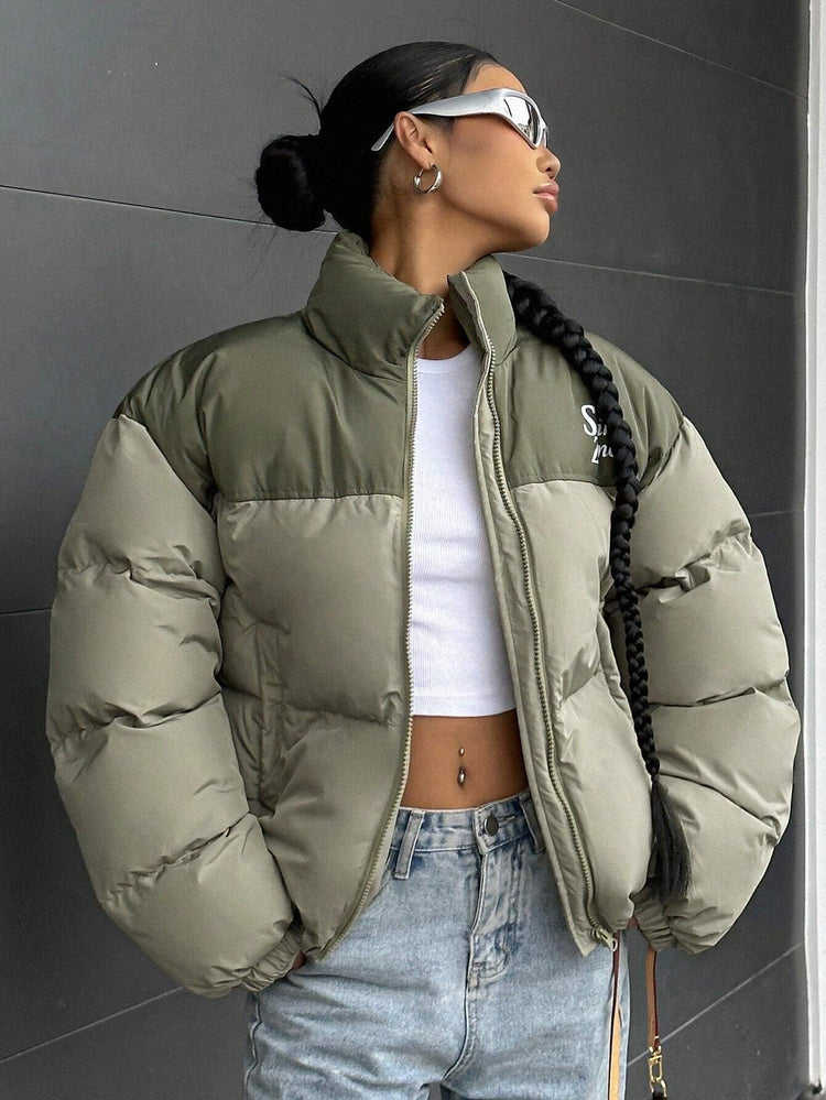 DAZY Letter Graphic Colorblock Zip up Puffer Thick Pockets Coat ,Winter Women Clothes,Winter Coat Women