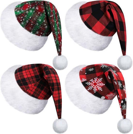 4 Pack Christmas Plaid Hats Snowflake Santa Hat Bulk Funny Christmas Hats for Adults Christmas Party Favors Hats