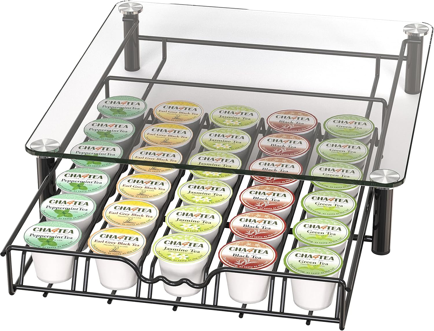 Crystal Tempered Glass K-Cup Holder Drawer for 30 Coffee Pods Storage, Black.