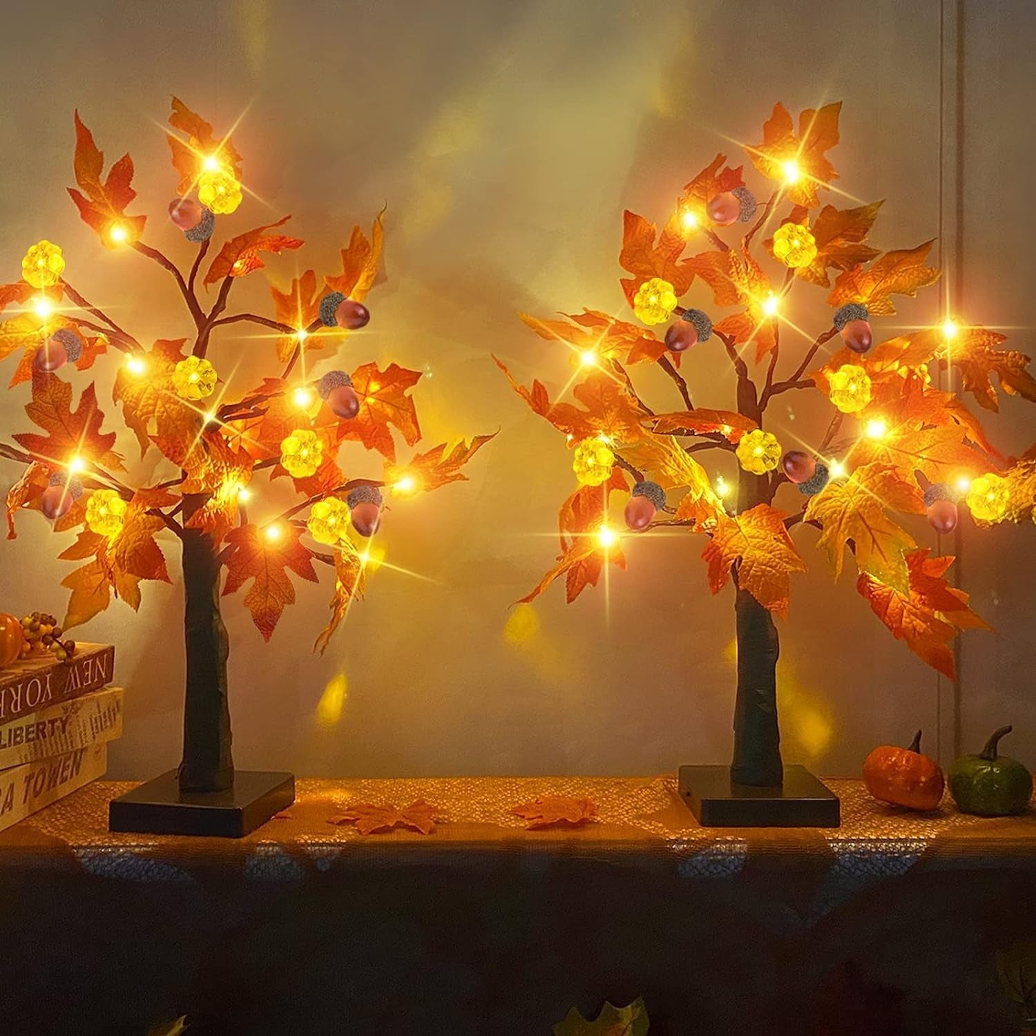 2 Pack 24 Inch Prelit Fall Lighted Maple Tree Thanksgiving Halloween Decorations with 48 Leds Timer 3D Pumpkin Lights 12 Acorns Battery Operated Tabletop Fall Tree Thanksgiving Decor