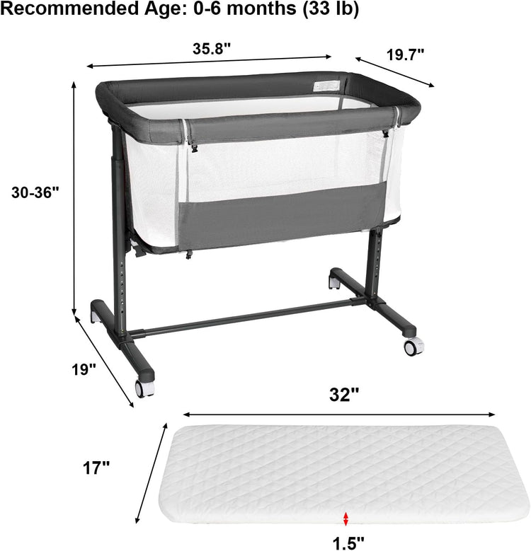 Baby Bassinet W/Wheels, Folding Portable Newborn Bedside Sleeper, All-Sided Mesh Infant Crib, Adjustable Height/Angle, Removable Soft Mattress, No Tool to Assemble, Grey