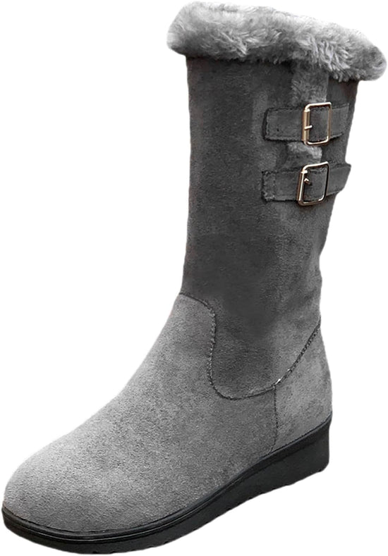  Boots for Women Suede Keep Warm Mid Calf Boots Wedge Platform Snow Booties Winter Pull on Buckle Bootie