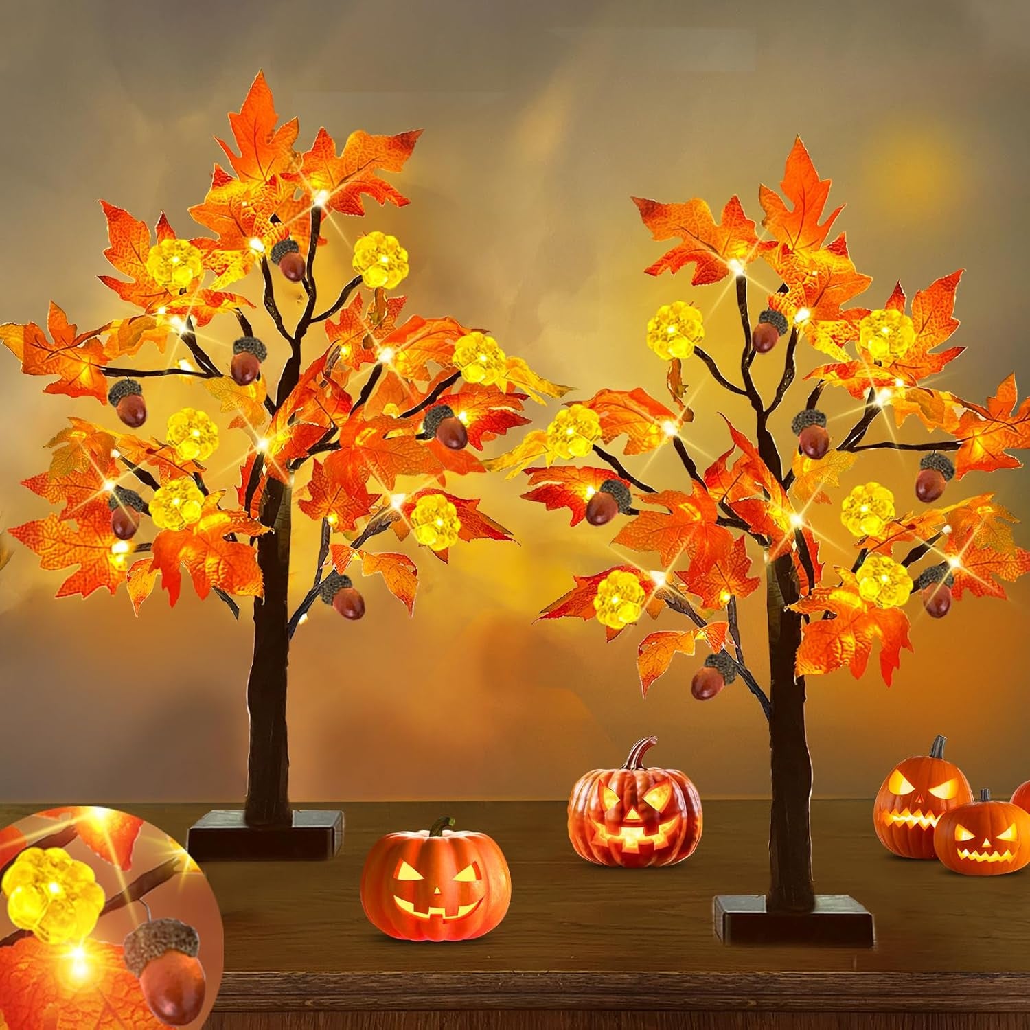 2 Pack 24 Inch Prelit Fall Lighted Maple Tree Thanksgiving Halloween Decorations with 48 Leds Timer 3D Pumpkin Lights 12 Acorns Battery Operated Tabletop Fall Tree Thanksgiving Decor